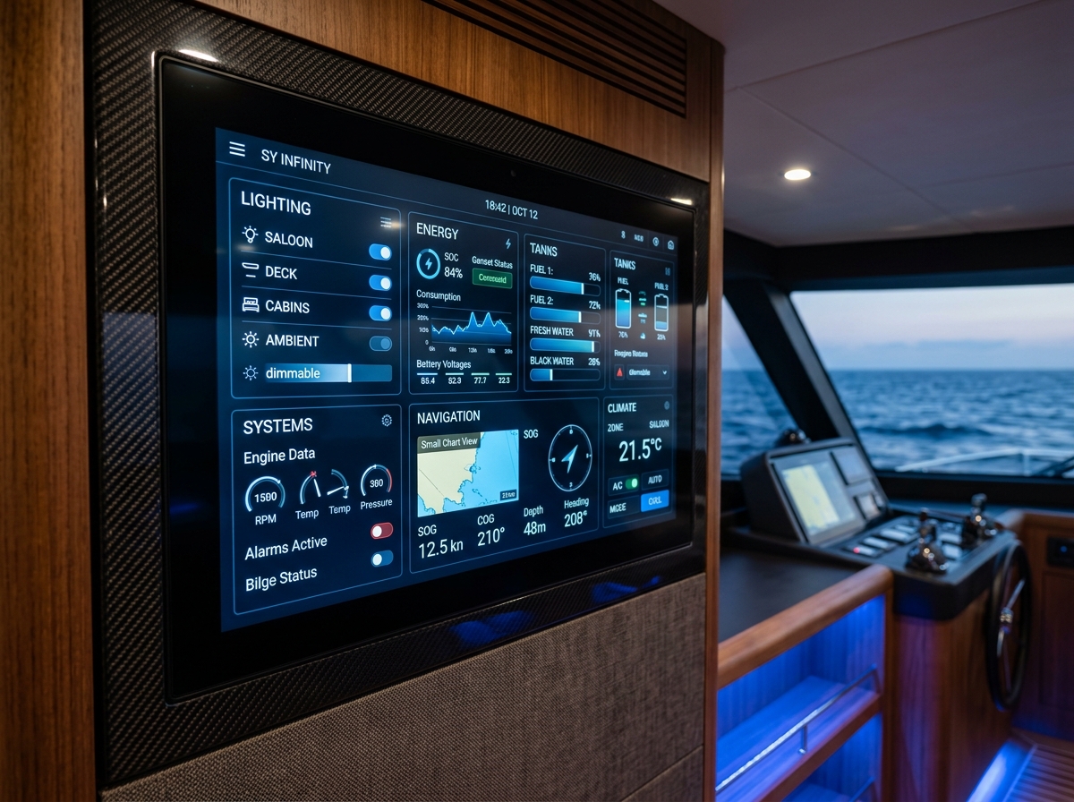 S2 Marine touchscreen interface showing lighting, energy, tanks, systems, navigation and climate